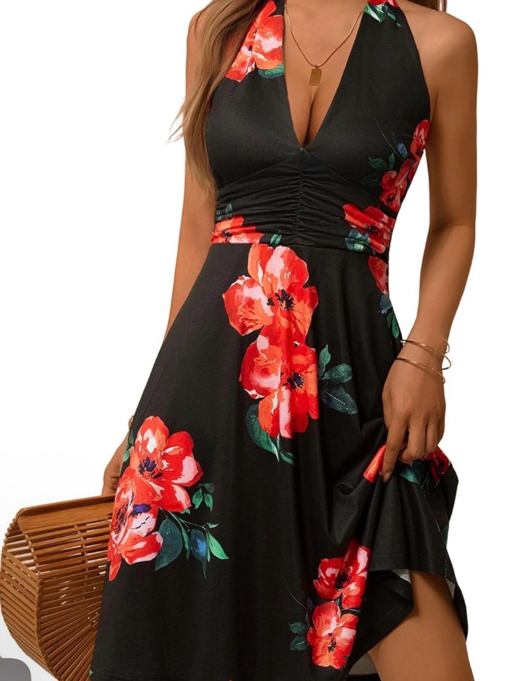 Black Halter Floral Summer Dress with Red Bloom